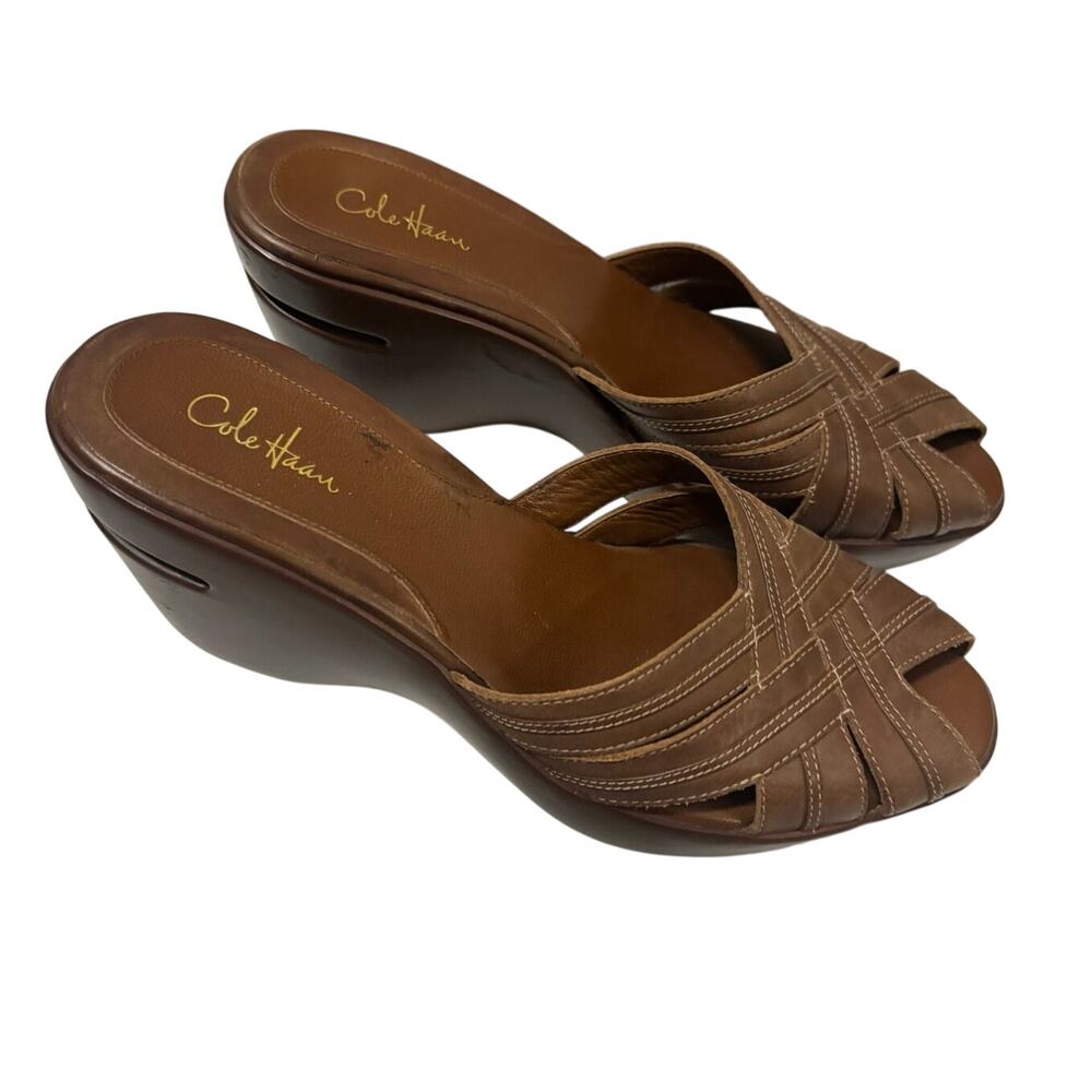 Cole Haan Nike Air Brown Leather Wedge Slide Sandals 7.5 AA Extra Narrow